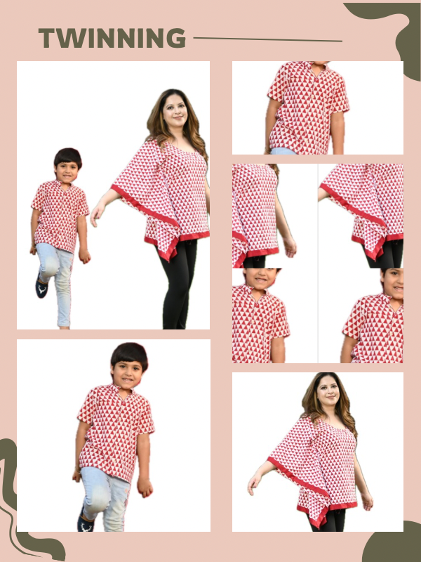 Mom & Son Red & White Cotton Hand Block Printed Twinning Set Duo