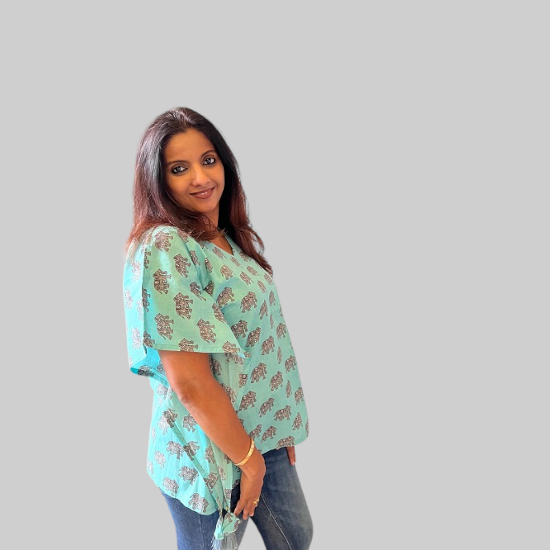 Cyan Blue Ele Print Kaftan Top