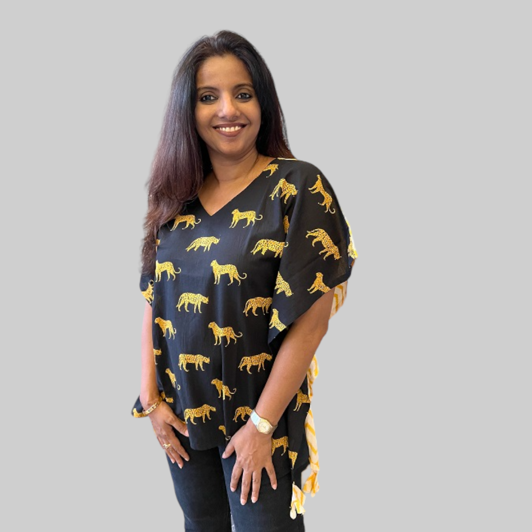 Black Yellow Cheetah Print Cotton Kaftan Top