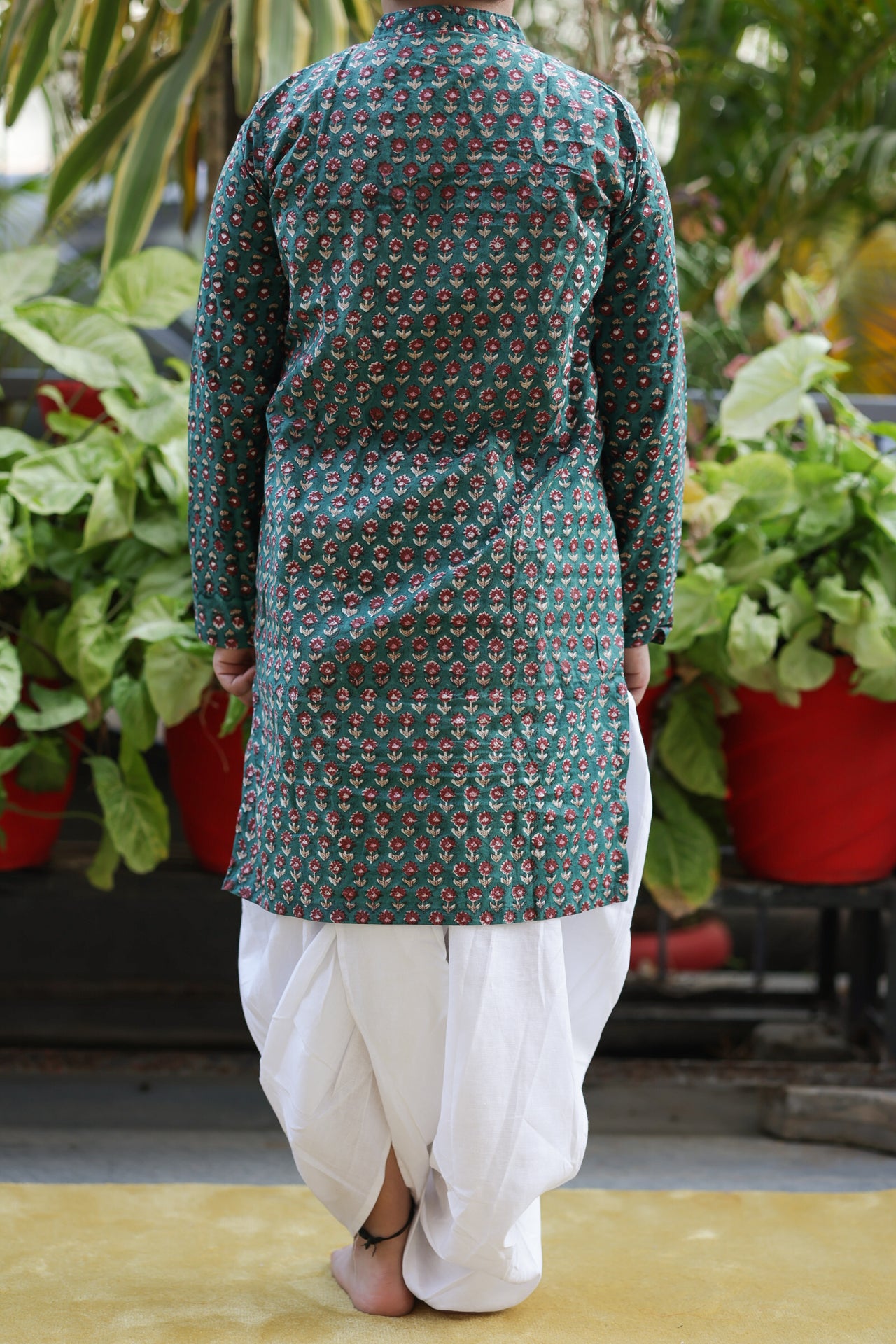 Teal Floral Cotton Block Print Traditional Kurta Dhoti Set For Boys