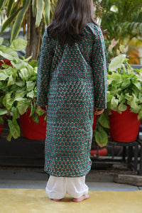 Thumbnail for Teal Cotton Block Print Floral Kurta Salwar Set For Girls