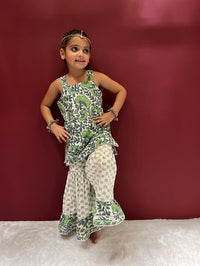 Thumbnail for Green Hand Block Cotton Sharara Kurta Set For Girls