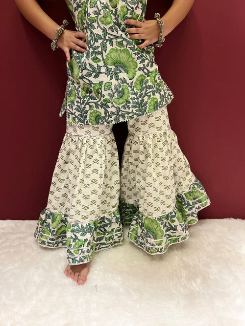 Green Hand Block Cotton Sharara Kurta Set For Girls