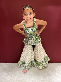 Thumbnail for Green Hand Block Cotton Sharara Kurta Set For Girls
