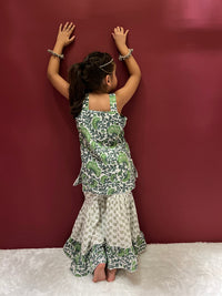 Thumbnail for Green Hand Block Cotton Sharara Kurta Set For Girls