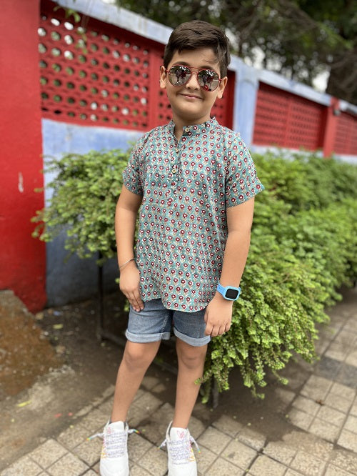 Teal floral Cotton Handblock Printed Boy shirts