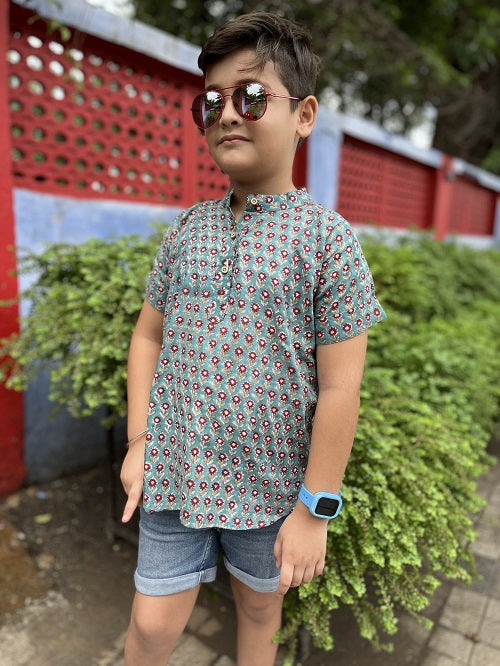 Teal floral Cotton Handblock Printed Boy shirts