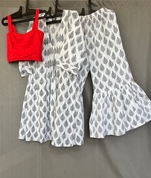 Three-Piece White Leaf Print Co-ord Set for Women