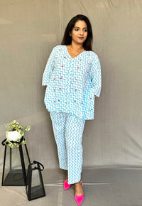 Thumbnail for Blue Chevron Embroidered Co-ord Set for Women