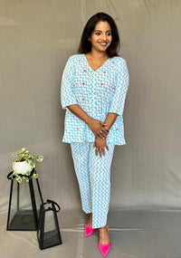 Thumbnail for Blue Chevron Embroidered Co-ord Set for Women