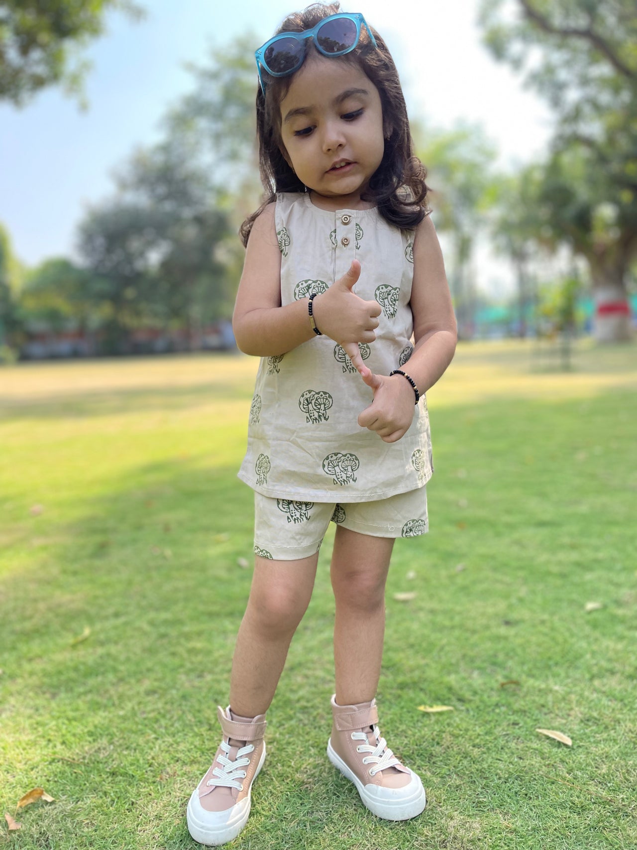 Beige Mushroom Block Print Cotton Lycra Unisex Co-ord Set