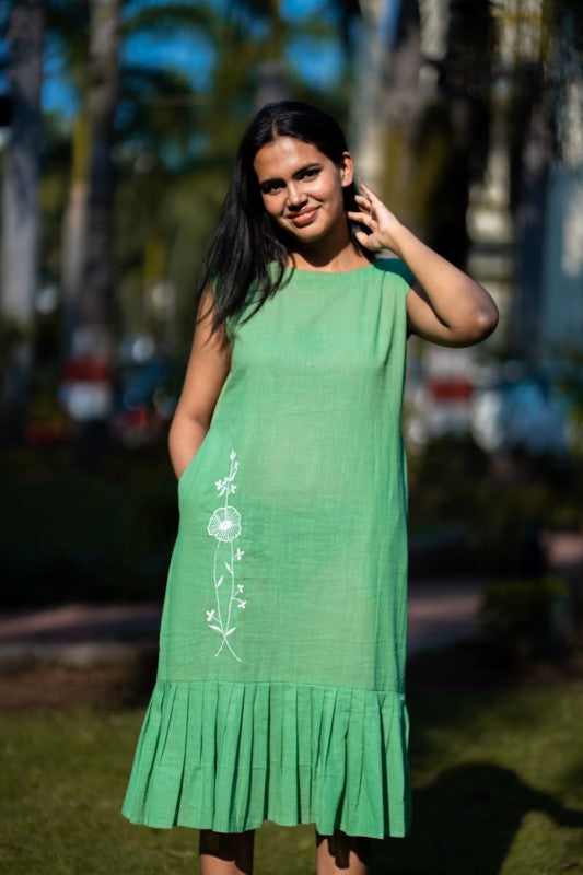 Green Embroidered Cotton Sleeveless Dress