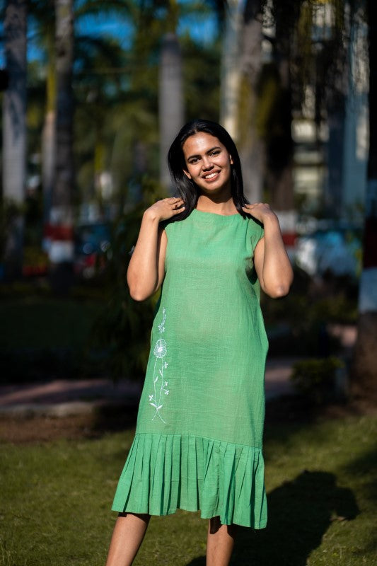 Green Embroidered Cotton Sleeveless Dress