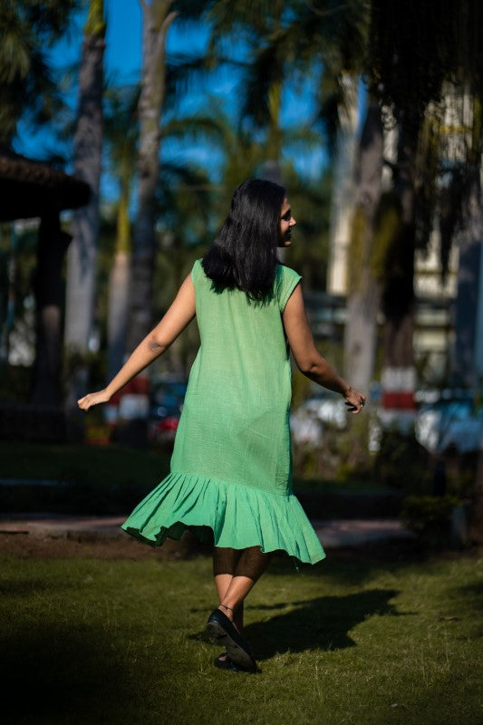 Green Embroidered Cotton Sleeveless Dress