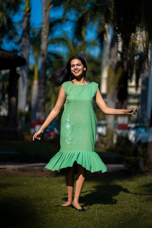 Green Embroidered Cotton Sleeveless Dress