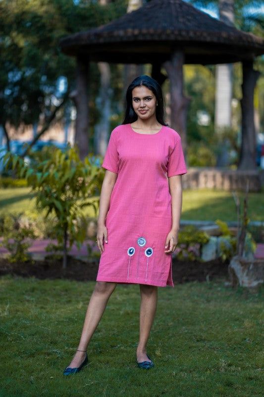 Pink Embroidered Cotton Shift Dress