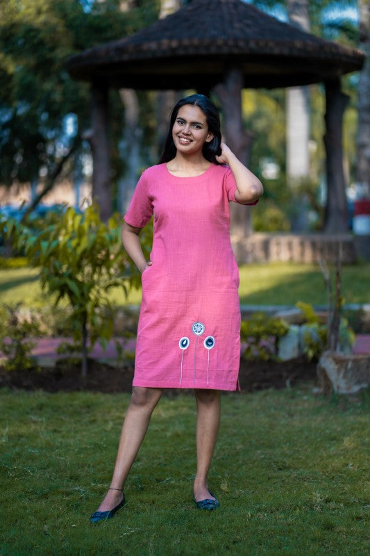 Pink Embroidered Cotton Shift Dress