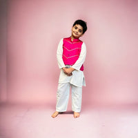 Thumbnail for Fuchsia Pink & Off White Kurta Pyjama Boy’s Jacket Set