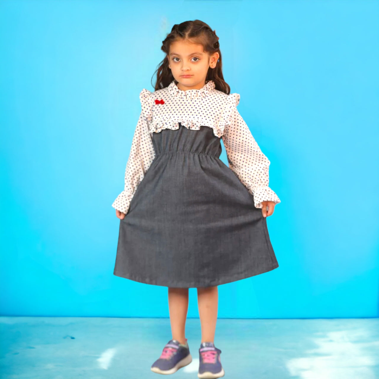Basic Blue Laycra Denim Polka Dot Embroydri Full Sleeves Dress For Girls