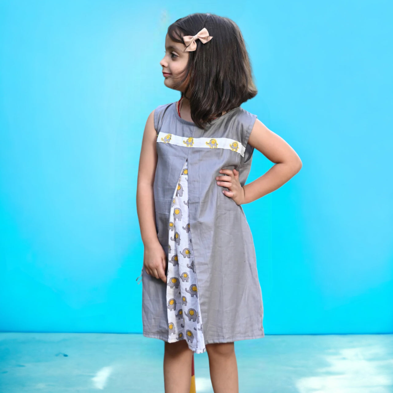 Grey Elephant Print Soft Cotton Sleeveless Embroidered Knee Lenght Dress For Girls