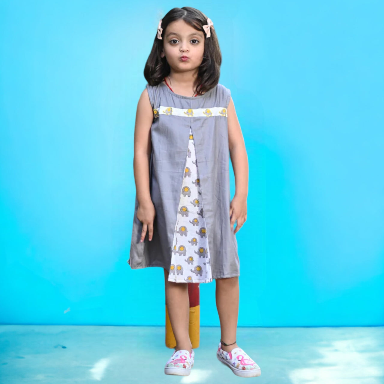 Grey Elephant Print Soft Cotton Sleeveless Embroidered Knee Lenght Dress For Girls