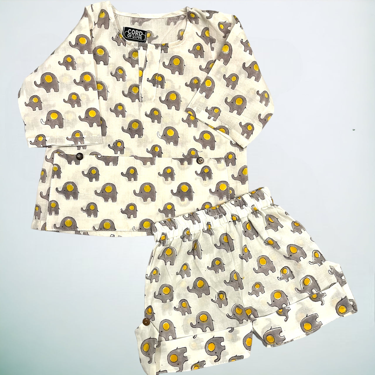 White & Yellow Animal Block Print Cotton Unisex Co-ord Set