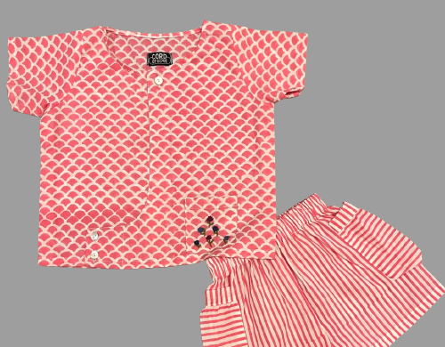 Pink scale and stripes Block Print Cotton Unisex Co-ord Set