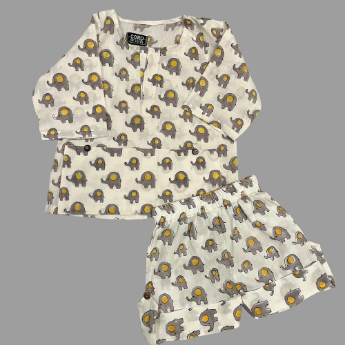 White & Yellow Animal Block Print Cotton Unisex Co-ord Set