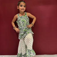 Thumbnail for Boy & Girl cotton Handblock Printed Green & White Co-ord set Duo