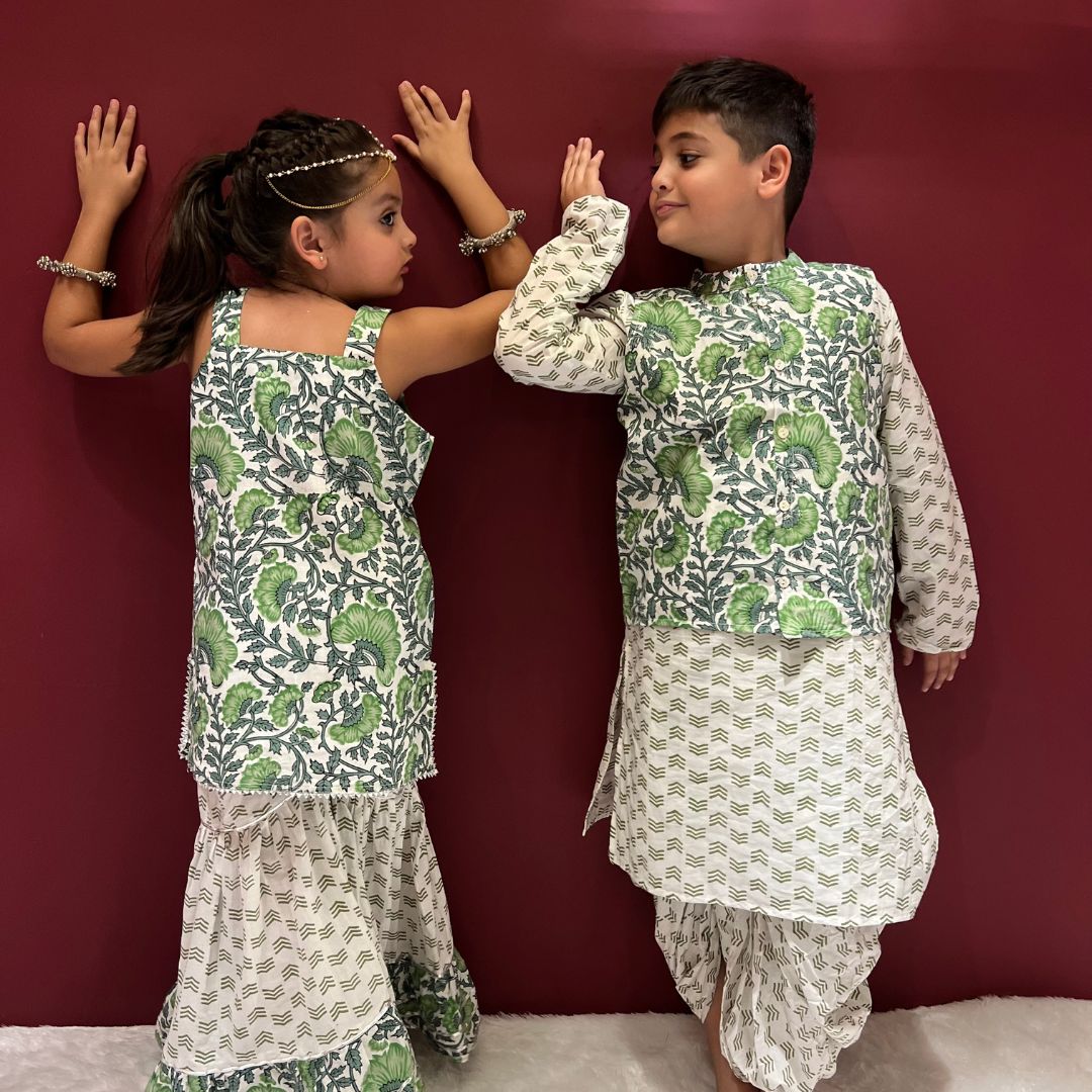 Boy & Girl cotton Handblock Printed Green & White Co-ord set Duo