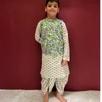 Thumbnail for Boy & Girl cotton Handblock Printed Green & White Co-ord set Duo