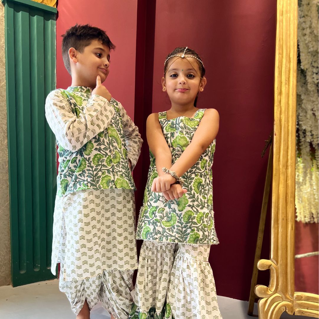 Boy & Girl cotton Handblock Printed Green & White Co-ord set Duo