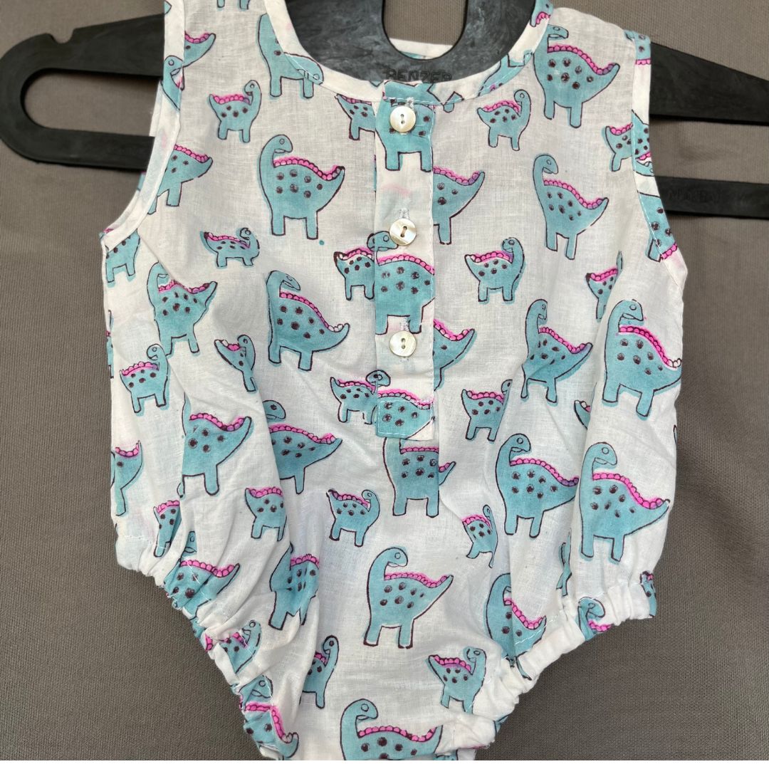 Blue & White Dino Soft Cotton Hand Block Print Onesie