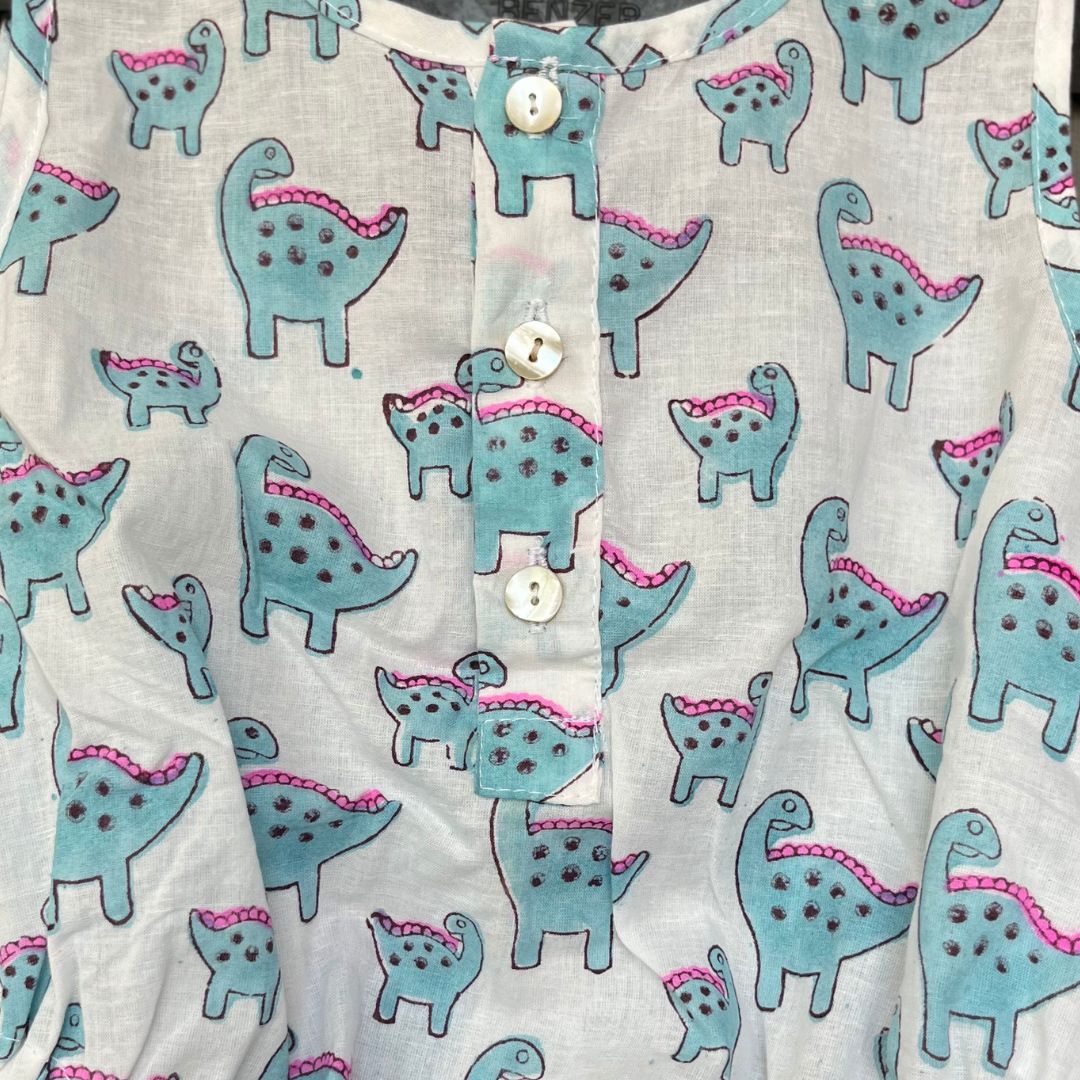 Blue & White Dino Soft Cotton Hand Block Print Onesie