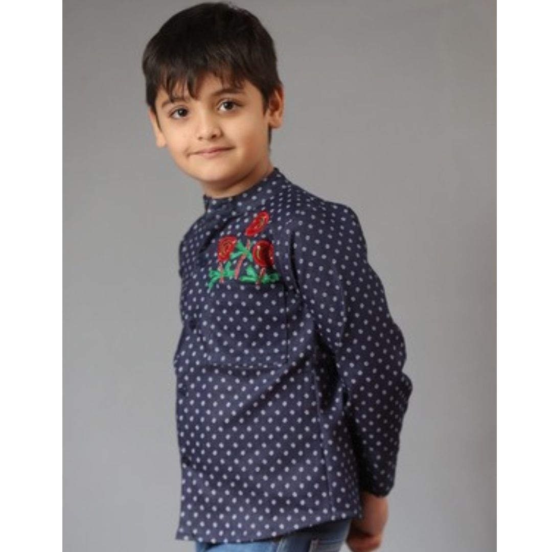 Basic Blue Laycra Denim Popsicles Embroydri Full Sleeves Party Shirt For Boys