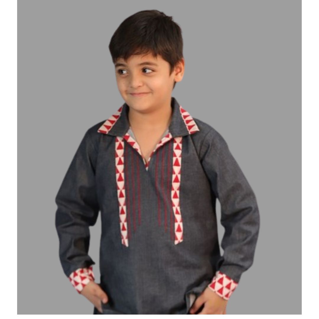 Basic Blue Cotton Laycra Denim Designer Full Shirt For Boys