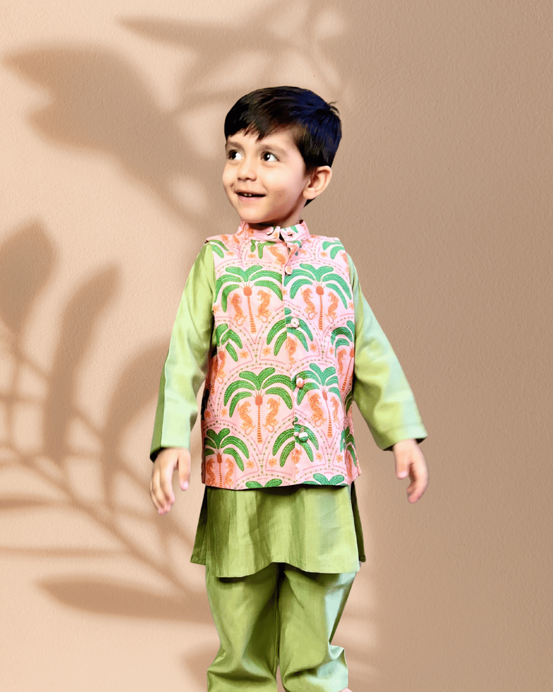 Green 3 piece Digital Print Kurta Pajama with Printed Nehru Jacket Set