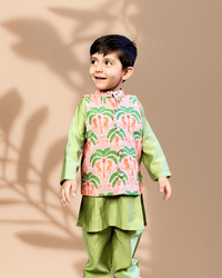 Thumbnail for Green 3 piece Digital Print Kurta Pajama with Printed Nehru Jacket Set
