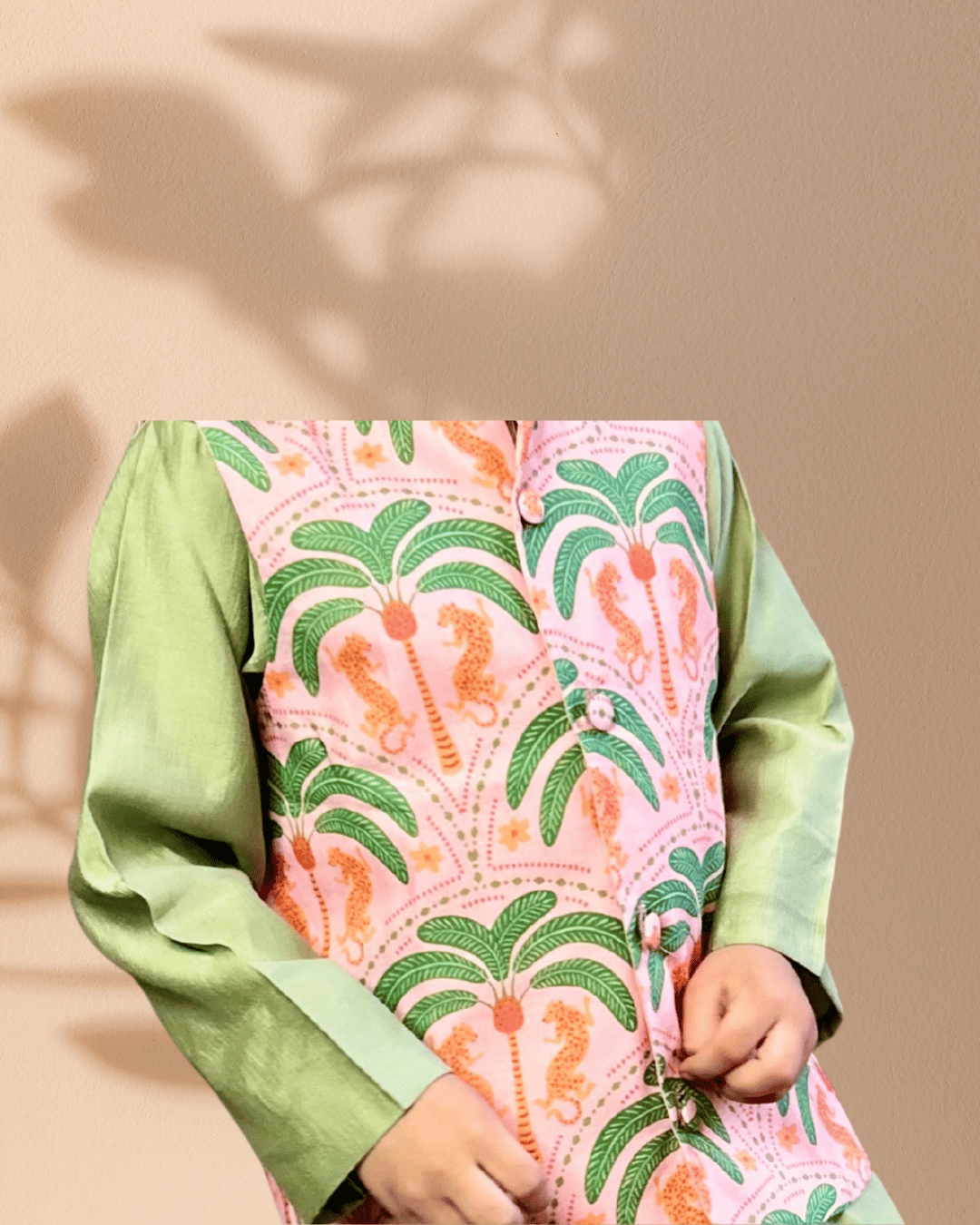 Green 3 piece Digital Print Kurta Pajama with Printed Nehru Jacket Set