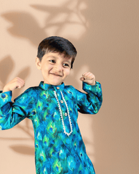Thumbnail for Deep blue Peacock Print 2 piece Cotton Kurta Pajama Set for Boys