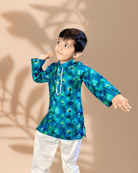 Thumbnail for Deep blue Peacock Print 2 piece Cotton Kurta Pajama Set for Boys