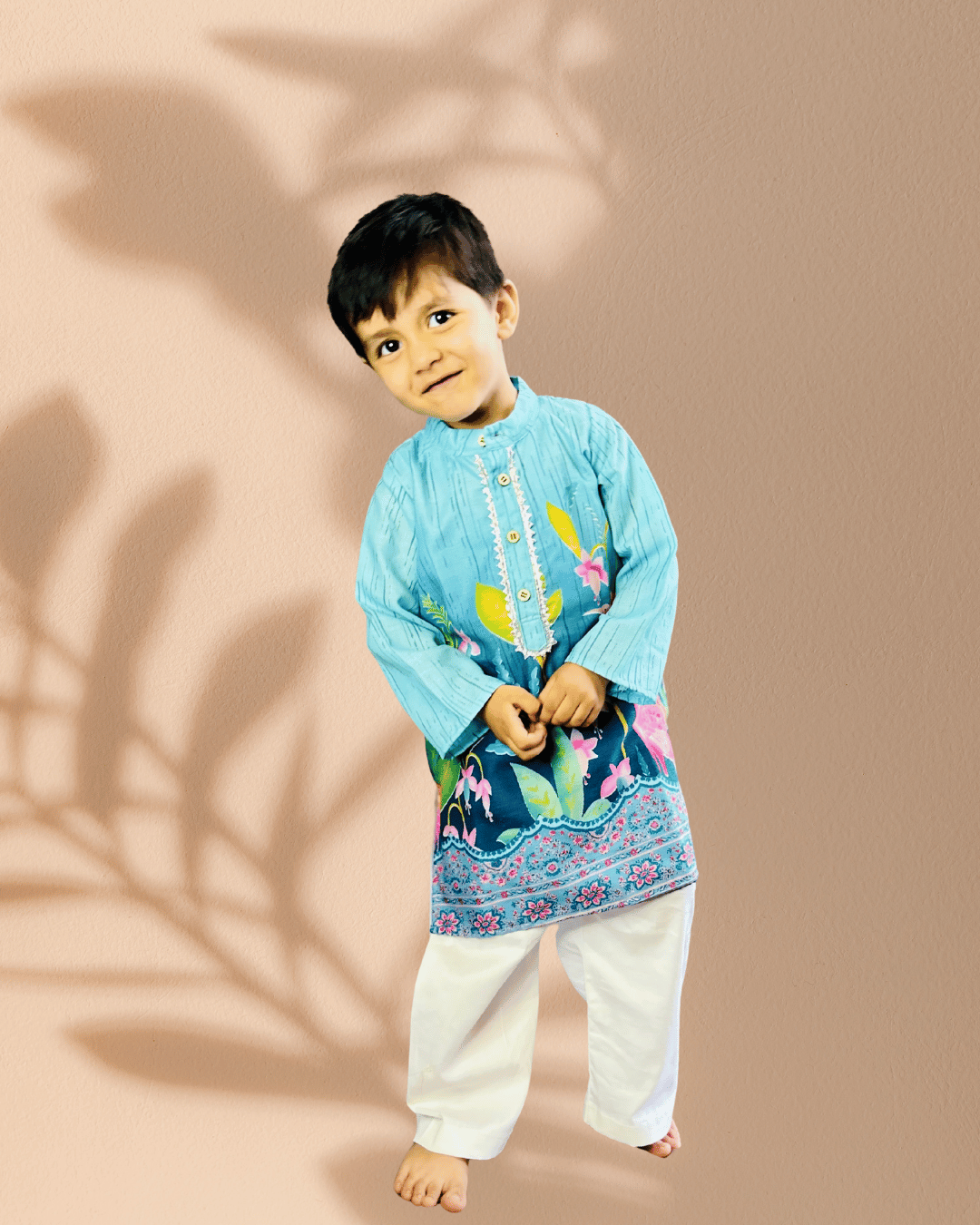 Sky Blue & White 2 piece Digital Print Kurta Pajama Set For Boys