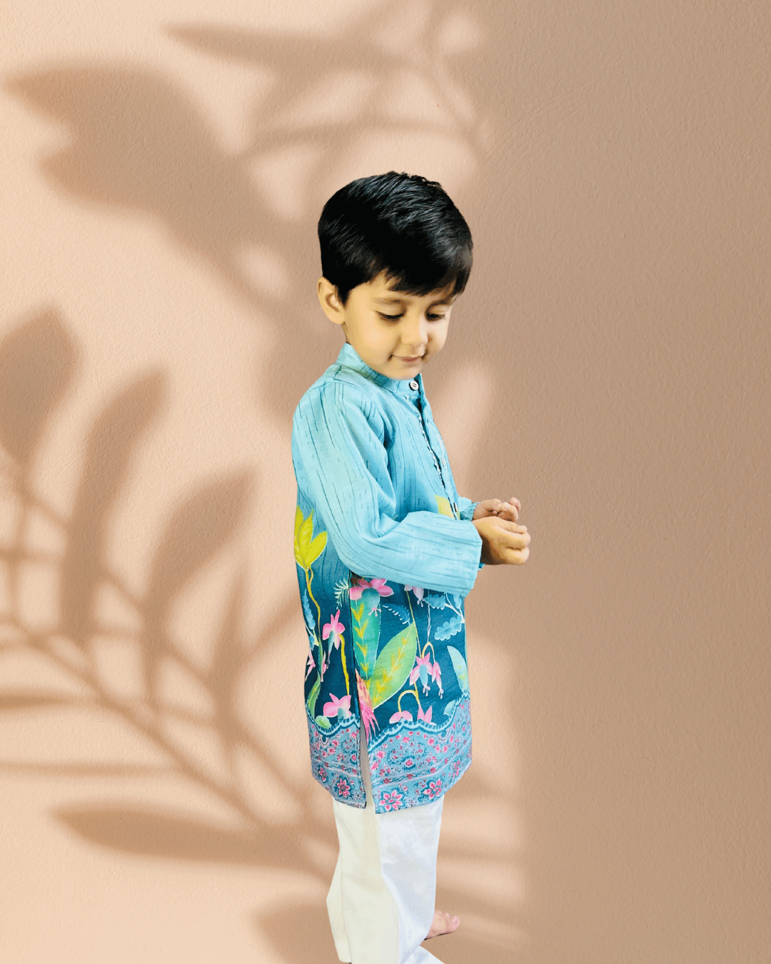 Sky Blue & White 2 piece Digital Print Kurta Pajama Set For Boys