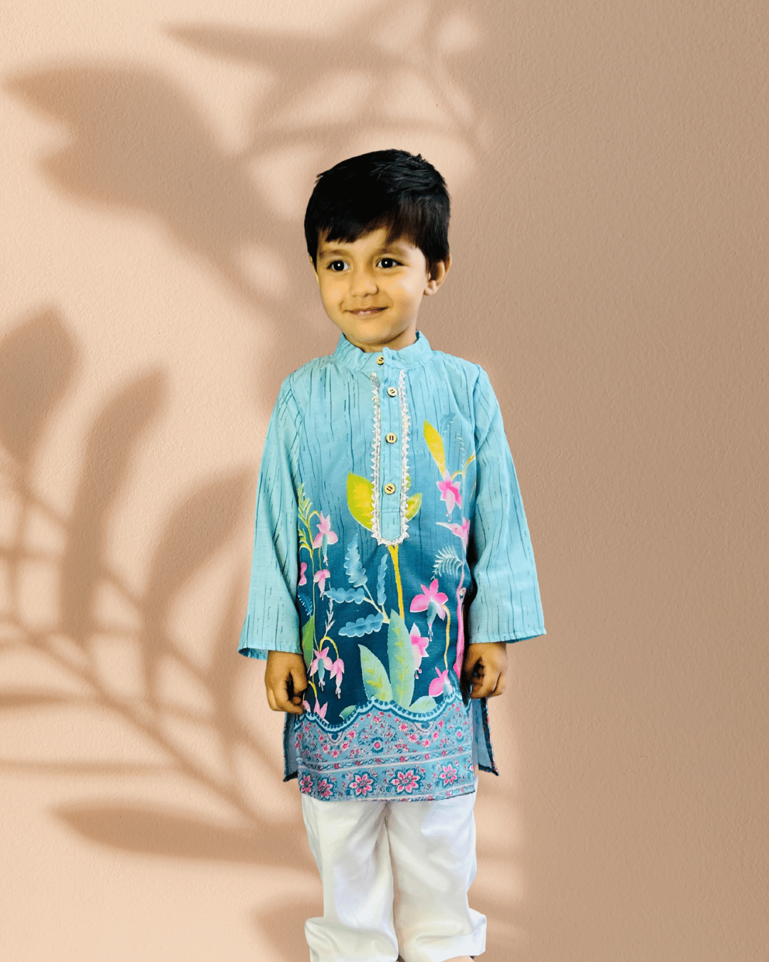 Sky Blue & White 2 piece Digital Print Kurta Pajama Set For Boys