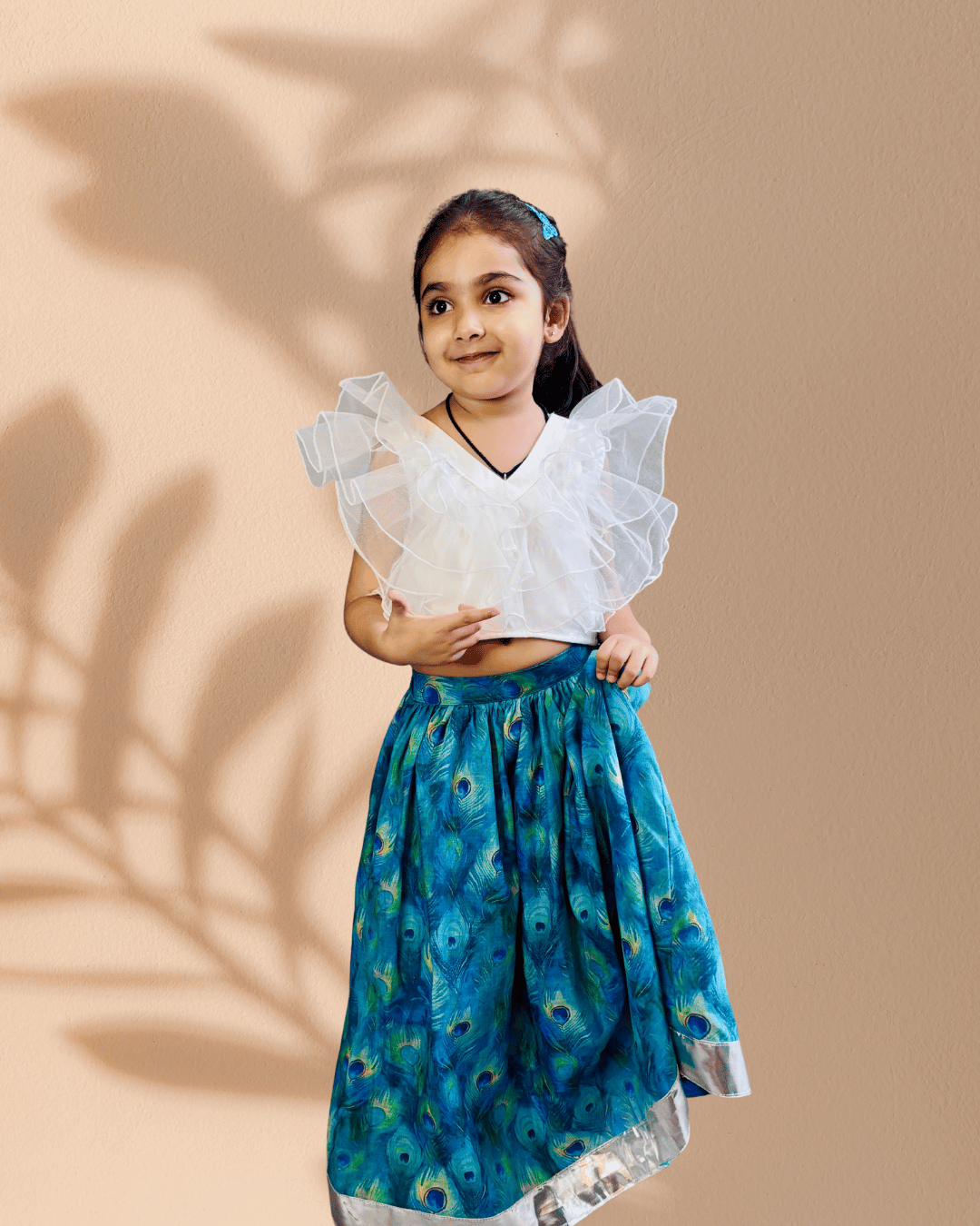 Girls’ White Ruffle Top with Blue Printed Skirt