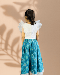 Thumbnail for Girls’ White Ruffle Top with Blue Printed Skirt