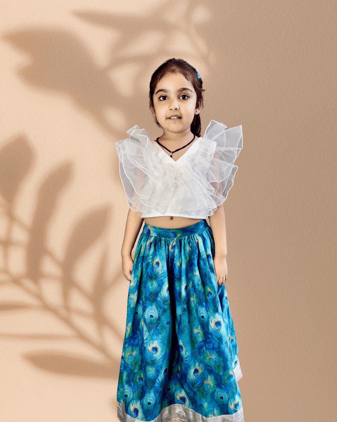 Girls’ White Ruffle Top with Blue Printed Skirt