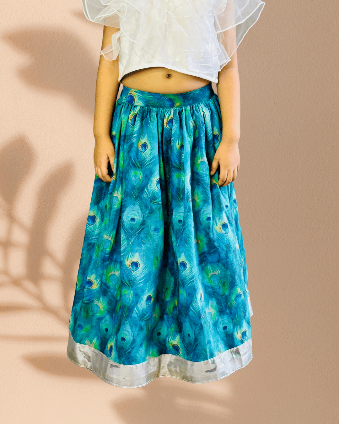 Girls’ White Ruffle Top with Blue Printed Skirt
