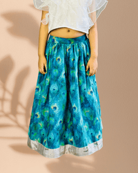 Thumbnail for Girls’ White Ruffle Top with Blue Printed Skirt