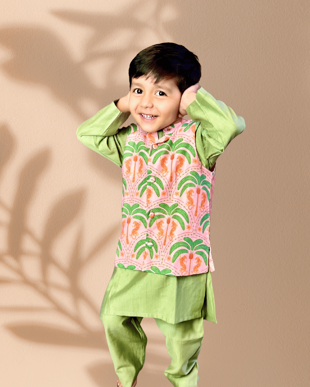 Green 3 piece Digital Print Kurta Pajama with Printed Nehru Jacket Set